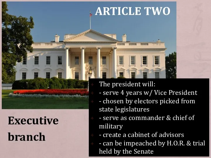 ARTICLE TWO Executive branch The president will: - serve 4 years