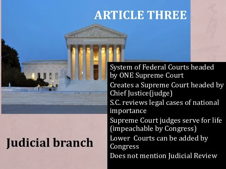 ARTICLE THREE Judicial branch System of Federal Courts headed by ONE