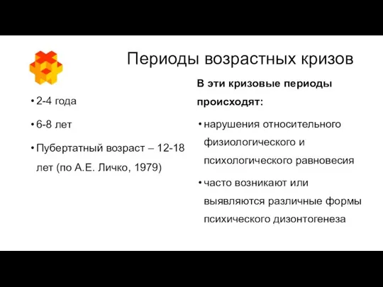 Периоды возрастных кризов 2-4 года 6-8 лет Пубертатный возраст – 12-18