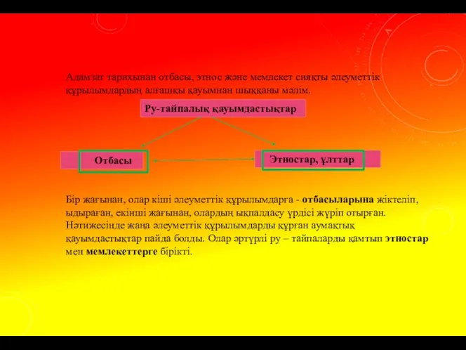 Адамзат тарихынан отбасы, этнос және мемлекет сияқты әлеуметтік құрылымдардың алғашқы қауымнан