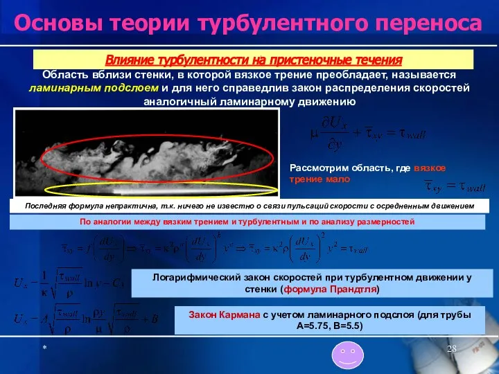 * Основы теории турбулентного переноса Область вблизи стенки, в которой вязкое