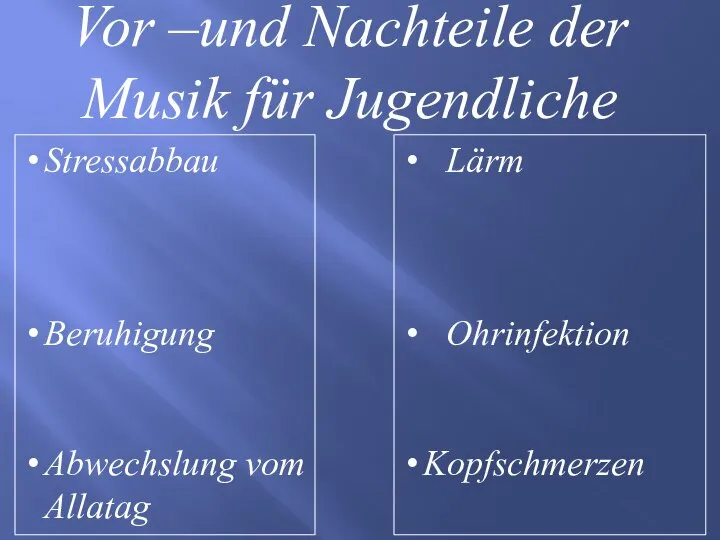 Vor –und Nachteile der Musik für Jugendliche Stressabbau Beruhigung Abwechslung vom Allatag Lärm Ohrinfektion Kopfschmerzen