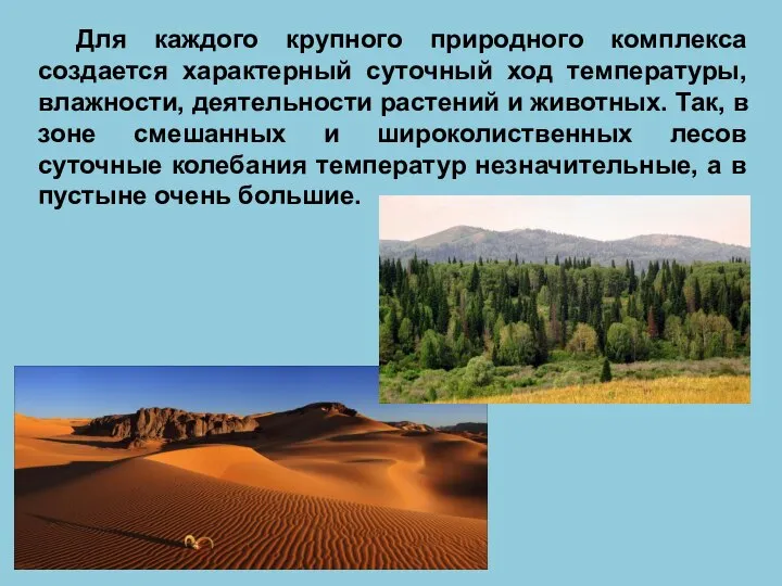 Для каждого крупного природного комплекса создается характерный суточный ход температуры, влажности,