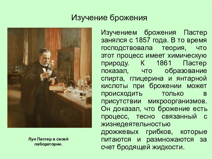 Изучением брожения Пастер занялся с 1857 года. В то время господствовала