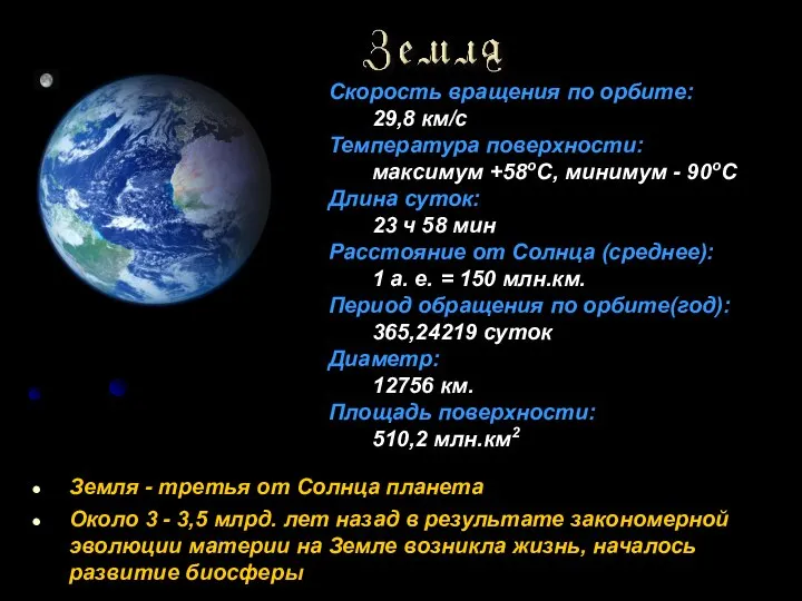 Земля - третья от Солнца планета Около 3 - 3,5 млрд.