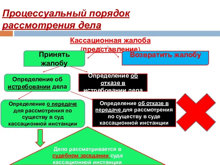 Процессуальный порядок рассмотрения дела Кассационная жалоба (представление) Принять жалобу Возвратить жалобу