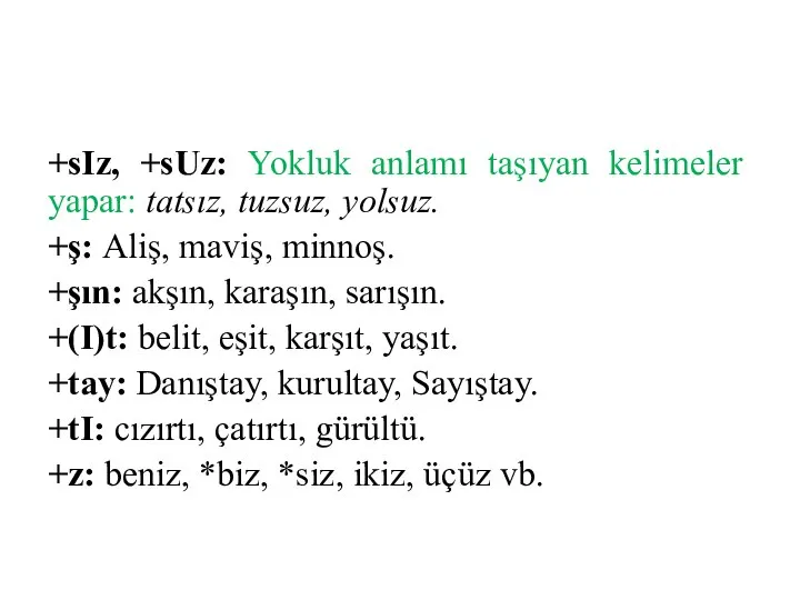 +sIz, +sUz: Yokluk anlamı taşıyan kelimeler yapar: tatsız, tuzsuz, yolsuz. +ş: