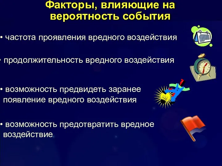 Факторы, влияющие на вероятность события частота проявления вредного воздействия продолжительность вредного