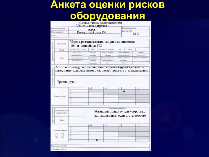 Анкета оценки рисков оборудования Цех №1, зона загрузки сырья Поворотный стол