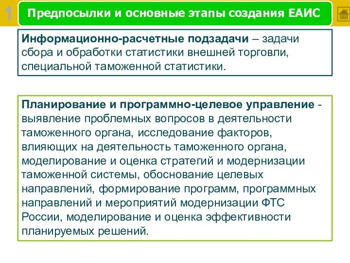 Предпосылки и основные этапы создания ЕАИС Информационно-расчетные подзадачи – задачи сбора