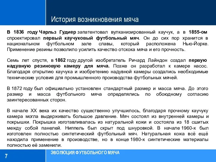 История возникновения мяча В 1836 году Чарльз Гудиер запатентовал вулканизированный каучук,