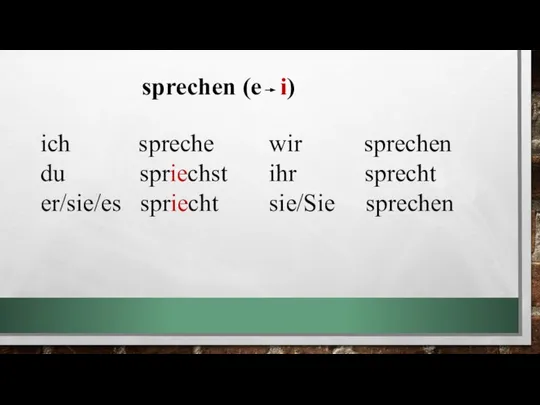 sprechen (e i) ich spreche du spriechst er/sie/es spriecht wir sprechen ihr sprecht sie/Sie sprechen