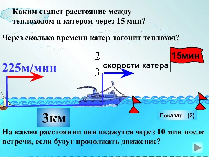 Каким станет расстояние между теплоходом и катером через 15 мин? Показать