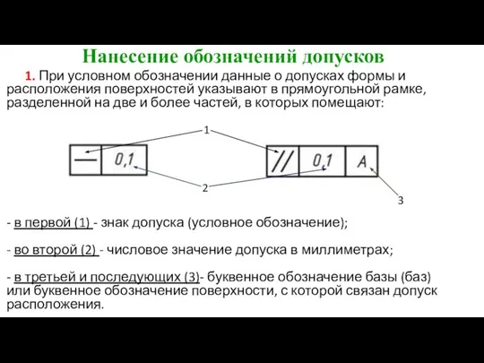 Нанесение обозначений допусков 1. При условном обозначении данные о допусках формы