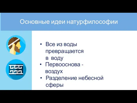 Основные идеи натурфилософии Все из воды превращается в воду Первооснова - воздух Разделение небесной сферы