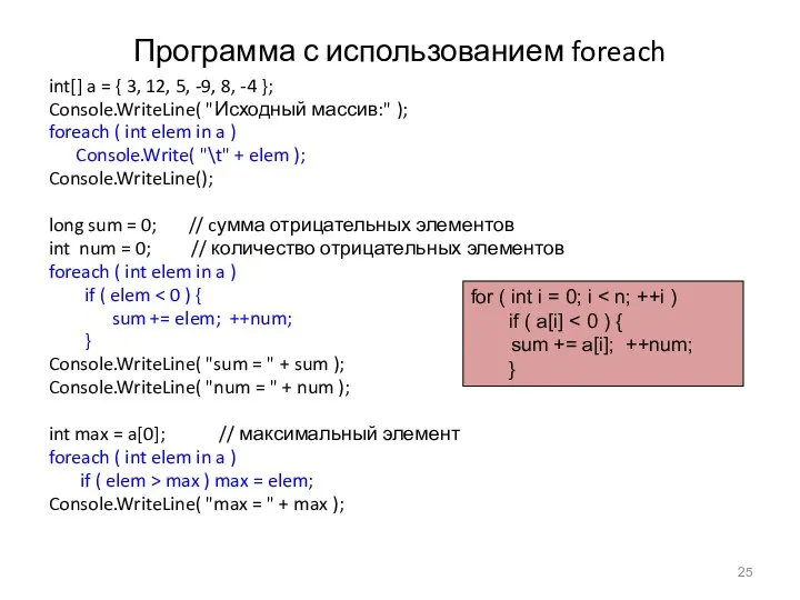 Программа с использованием foreach int[] a = { 3, 12, 5,