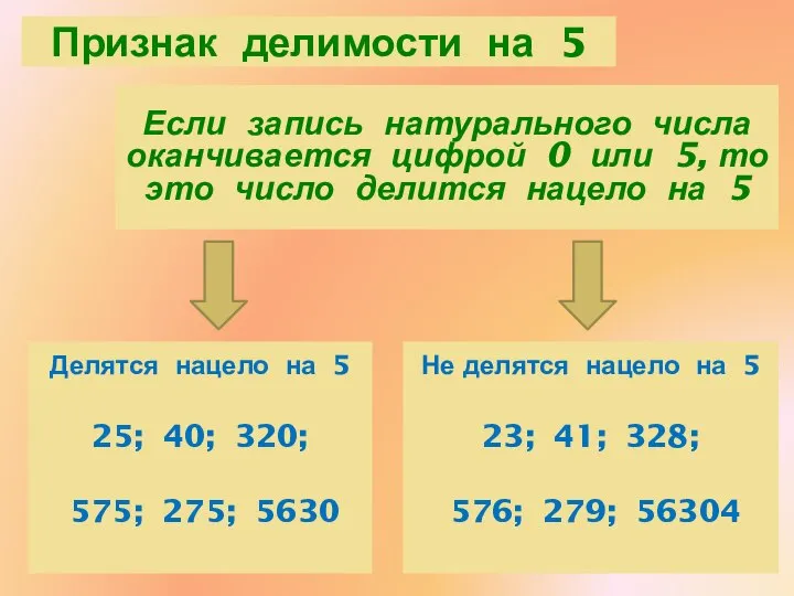 Признак делимости на 5 Если запись натурального числа оканчивается цифрой 0
