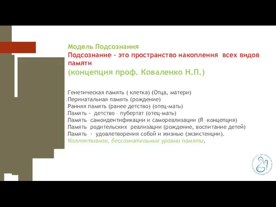 Модель Подсознания Подсознание – это пространство накопления всех видов памяти (концепция