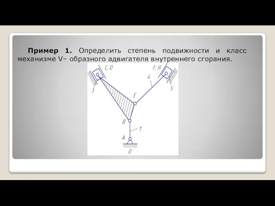 Пример 1. Определить степень подвижности и класс механизме V– образного aдвигателя внутреннего сгорания.