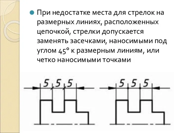 При недостатке места для стрелок на размерных линиях, расположенных цепочкой, стрелки