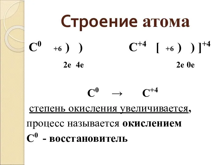 Строение атома С0 +6 ) ) С+4 [ +6 ) )