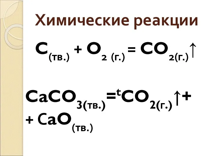 Химические реакции C(тв.) + O2 (г.) = CO2(г.)↑ CaCO3(тв.)=tCO2(г.)↑+ + СaO(тв.)