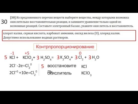 30 KCl + KClO3+ H2SO4= K2SO4+ Cl2 + H2O 3 5