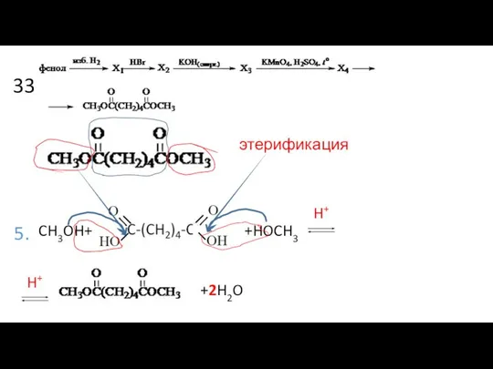 33 5. этерификация CH3OH+ +2H2O +HOCH3 H+ H+