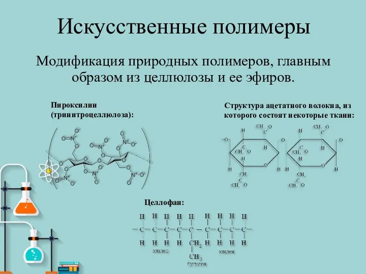 Искусственные полимеры Модификация природных полимеров, главным образом из целлюлозы и ее