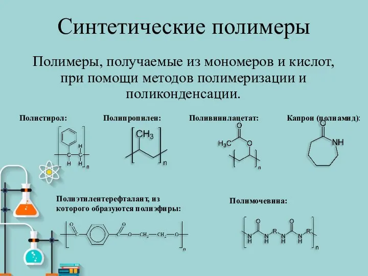 Синтетические полимеры Полимеры, получаемые из мономеров и кислот, при помощи методов