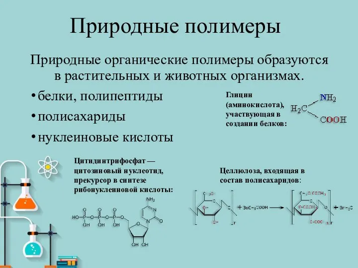 Природные полимеры Природные органические полимеры образуются в растительных и животных организмах.