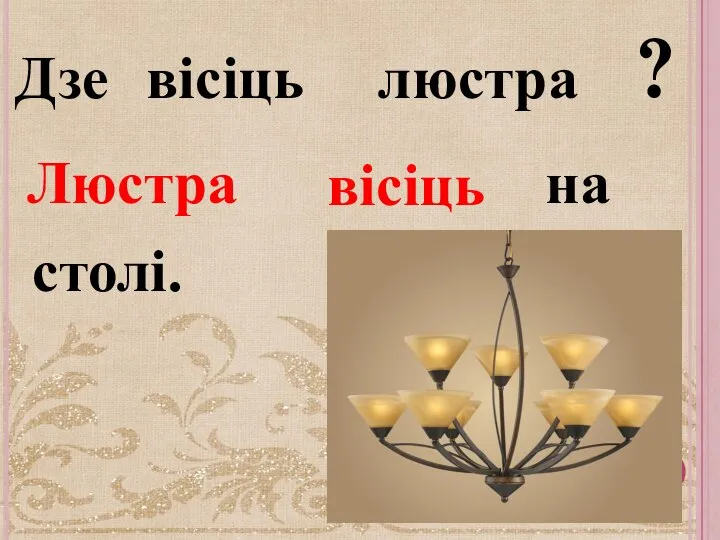 ? Дзе вісіць люстра Люстра вісіць на столі.