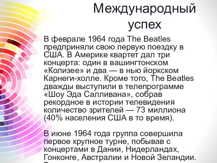 Международный успех В феврале 1964 года The Beatles предприняли свою первую