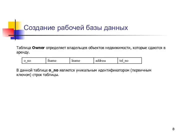 Создание рабочей базы данных Таблица Owner определяет владельцев объектов недвижимости, которые