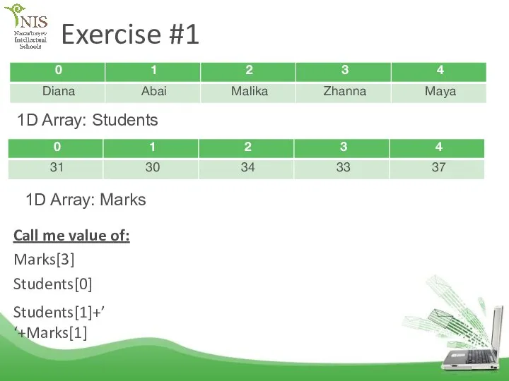 Exercise #1 1D Array: Students 1D Array: Marks Call me value of: Marks[3] Students[0] Students[1]+’ ‘+Marks[1]