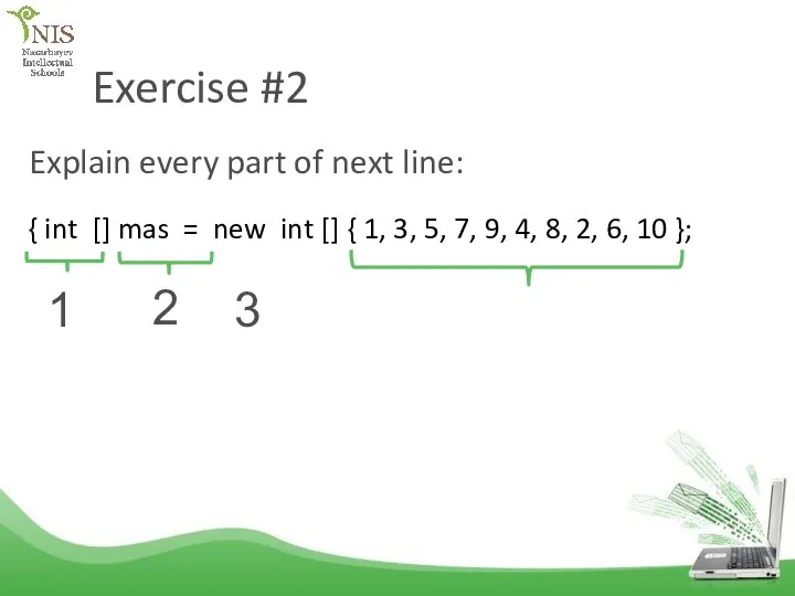 Exercise #2 Explain every part of next line: { int []