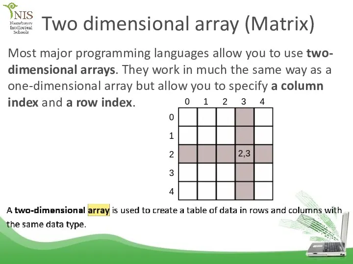 Two dimensional array (Matrix) Most major programming languages allow you to