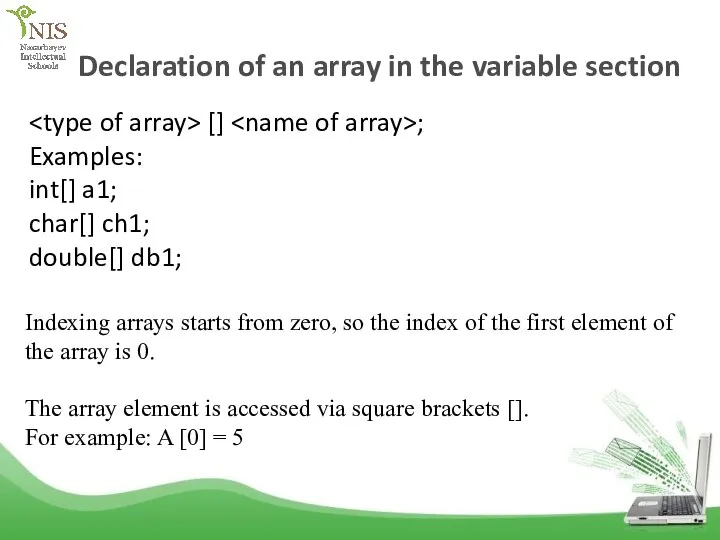 Declaration of an array in the variable section [] ; Examples: