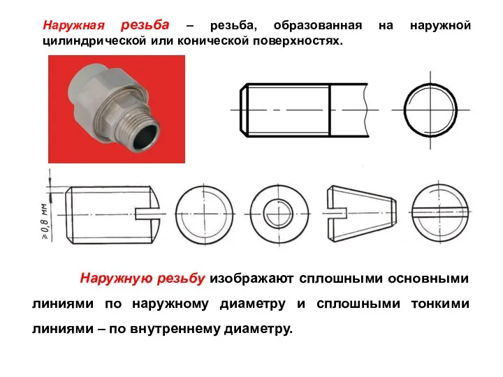 Наружная резьба – резьба, образованная на наружной цилиндрической или конической поверхностях.