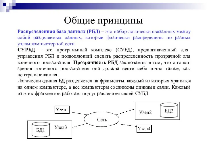 Общие принципы Распределенная база данных (РБД) – это набор логически связанных