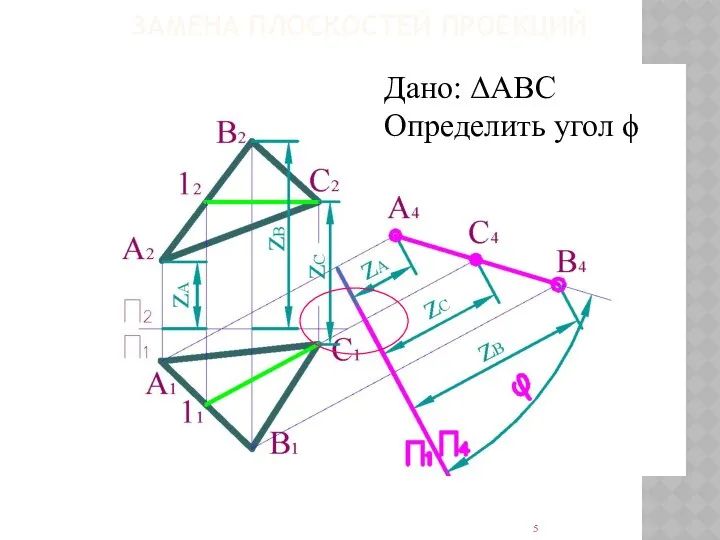 ЗАМЕНА ПЛОСКОСТЕЙ ПРОЕКЦИЙ Дано: ΔАВС Определить угол ϕ