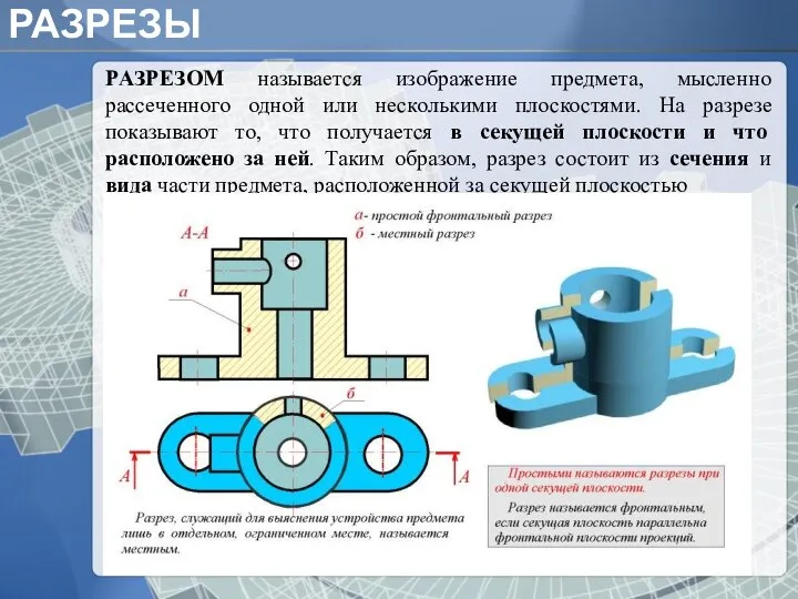 РАЗРЕЗЫ PАЗPЕЗОМ называется изобpажение пpедмета, мысленно pассеченного одной или несколькими плоскостями.