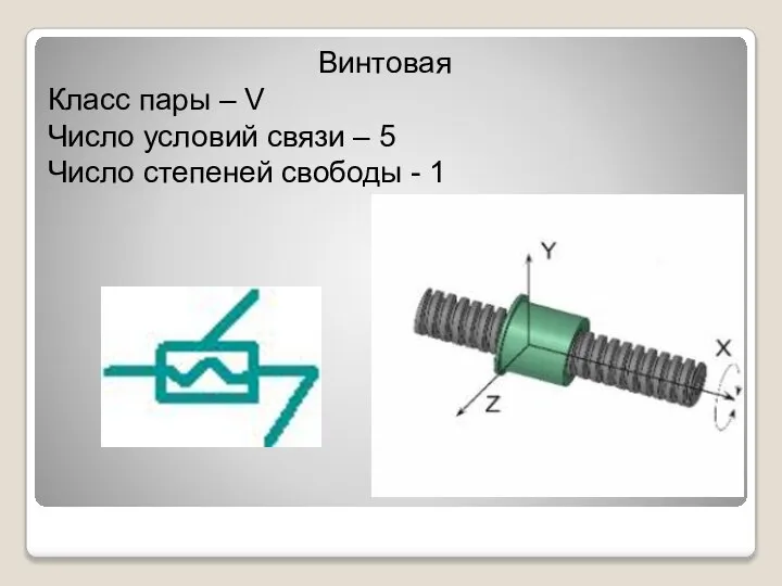 Винтовая Класс пары – V Число условий связи – 5 Число степеней свободы - 1