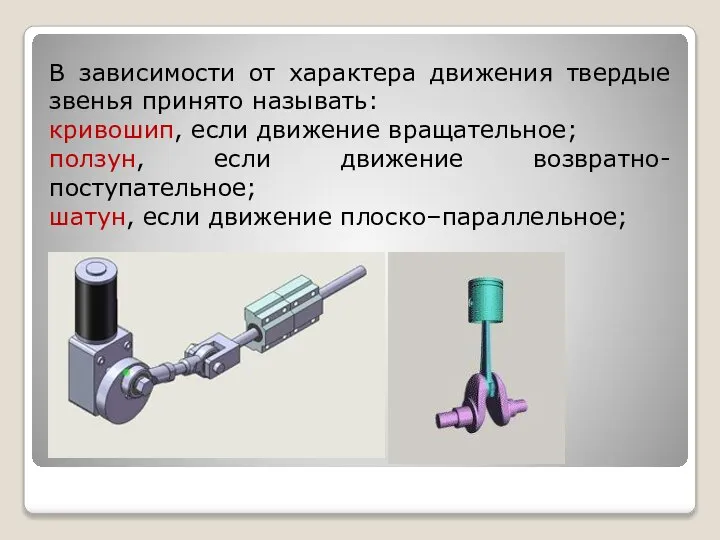 В зависимости от характера движения твердые звенья принято называть: кривошип, если