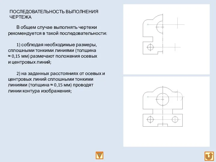 ПОСЛЕДОВАТЕЛЬНОСТЬ ВЫПОЛНЕНИЯ ЧЕРТЕЖА В общем случае выполнять чертежи рекомендуется в такой