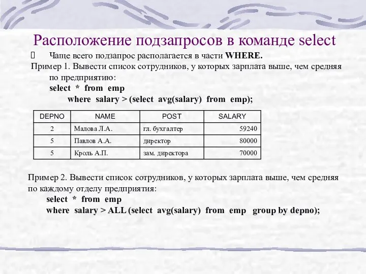 Расположение подзапросов в команде select Чаще всего подзапрос располагается в части