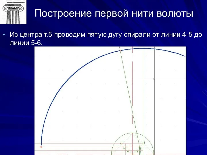 Построение первой нити волюты Из центра т.5 проводим пятую дугу спирали