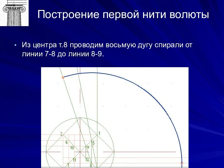 Построение первой нити волюты Из центра т.8 проводим восьмую дугу спирали