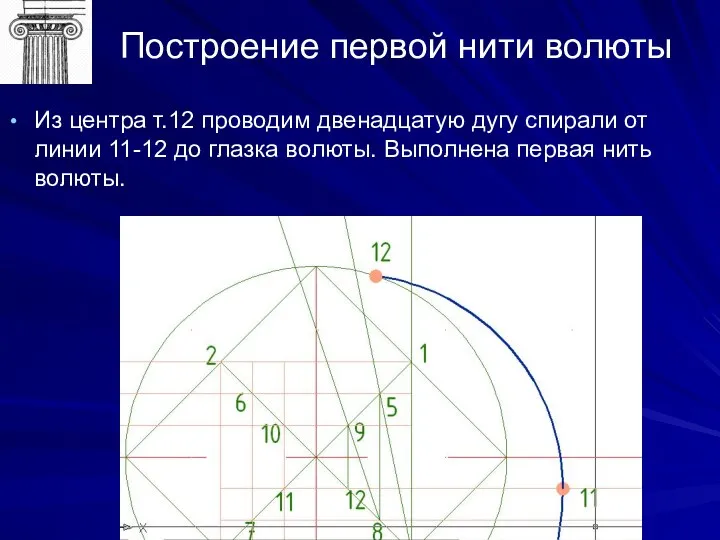 Построение первой нити волюты Из центра т.12 проводим двенадцатую дугу спирали