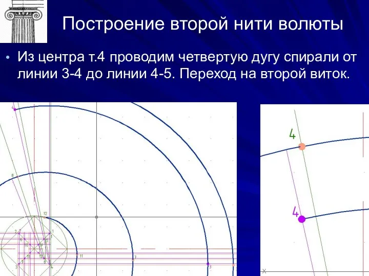 Построение второй нити волюты Из центра т.4 проводим четвертую дугу спирали